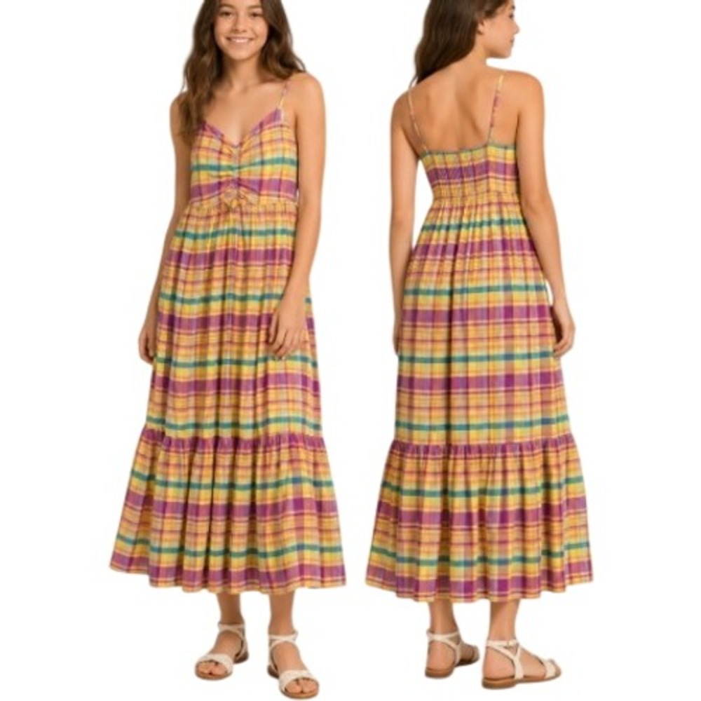 Thereabouts Maxi Dress Girls L Multicolor Plaid Cottagecore Boho Chic Summer